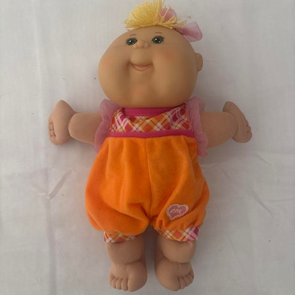 Vintage Cabbage Patch Kids Doll Orange Plaid Romper Pink Bow Blonde Hair 12"